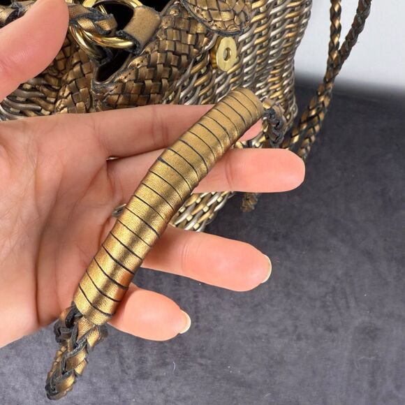 Vintage CEM Woven Leather Metallic Bronze Gold Purse | 80's 90s Bucket Style Bag - Picture 8 of 15